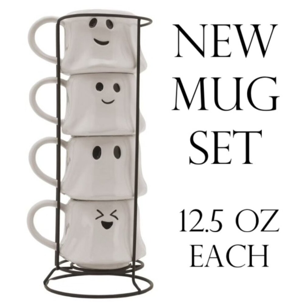 NEW Ceramic Ghost Mugs Mug Set of 4 Stacking Stackable White Stoneware Can hold